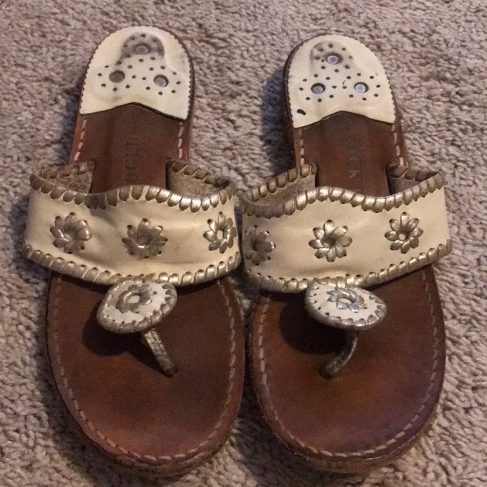 Cream off white sandals with gold trim